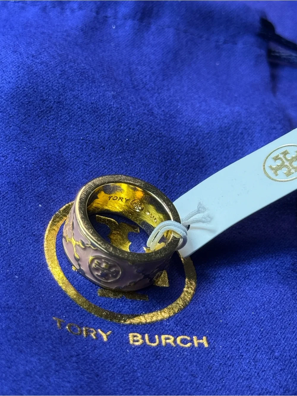 Tory Burch Pink and Gold Logo Dome Ring